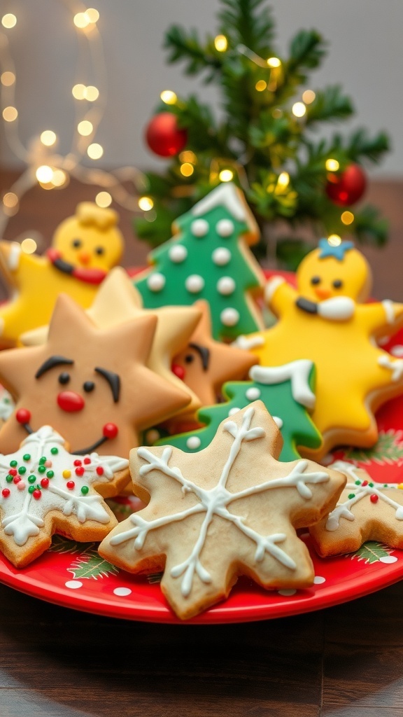 Decorated Christmas sugar cookies in festive shapes on a holiday-themed plate with a Christmas tree in the background.